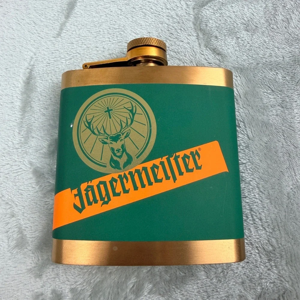 Jagermeister Gold Tone and Green Stainless Steel Hip Flask with Logo and Box